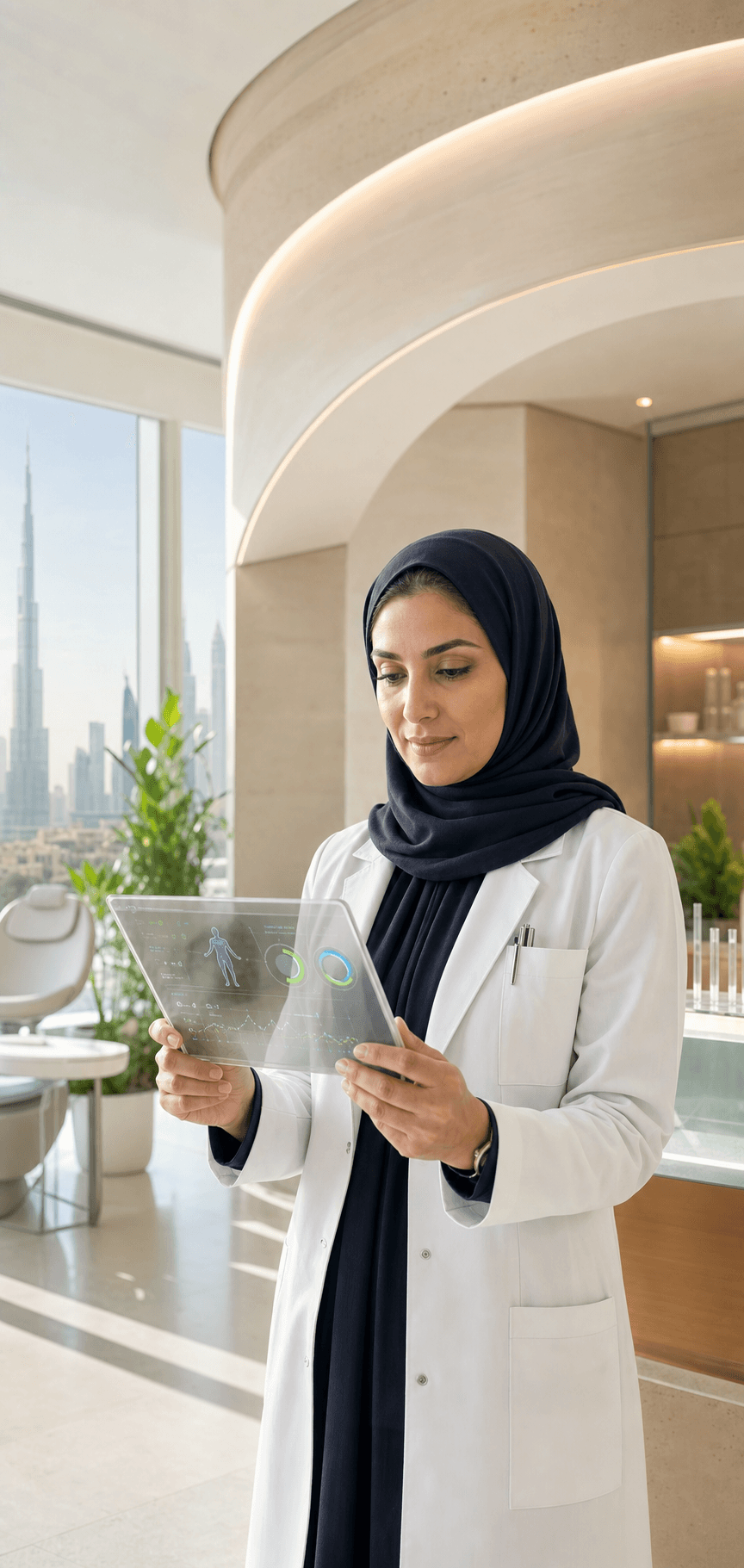 Longevity physician reviewing patient biomarker data in a Dubai clinic